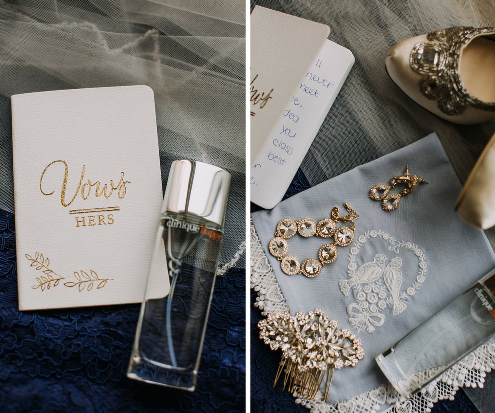 Bridal Accessories with White and Gold Script Hers Vows Booklet, Jeweled Gold Bridal Jewelry and Hair Accessory, and Jeweled Cream Wedding Shoes