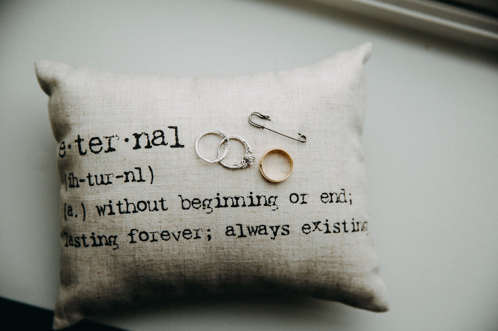 Typewriter Printed Eternal Definition Ring Pillow with Wedding Band and White Gold Engagement Ring