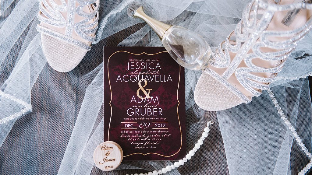 Burgundy and Gold Wedding Invitation with Strappy Silver Sandal Wedding Shoes