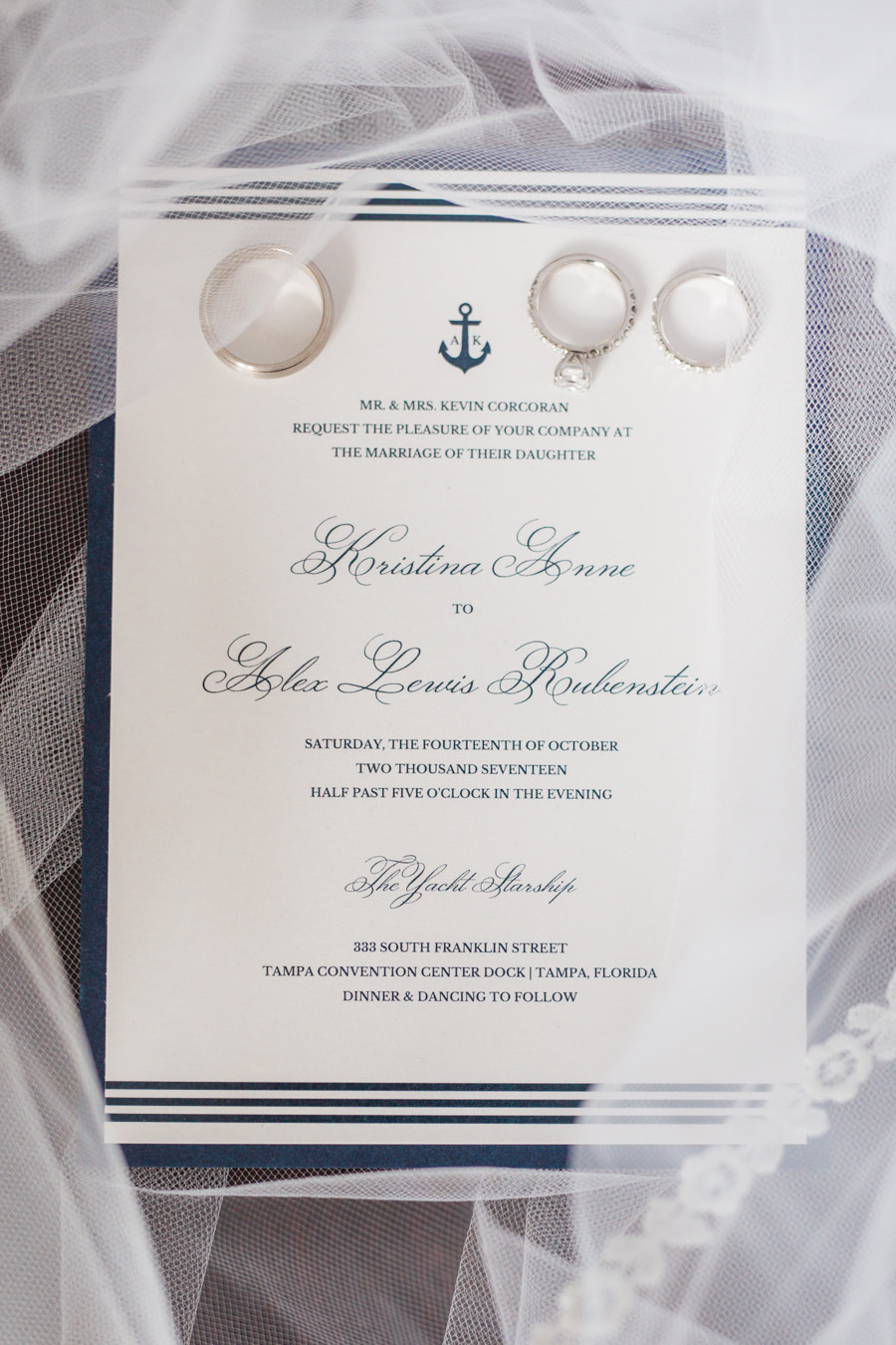 Navy Stripes and Anchor Elegant Nautical Wedding Invitation with Wedding Bands and Engagement Ring