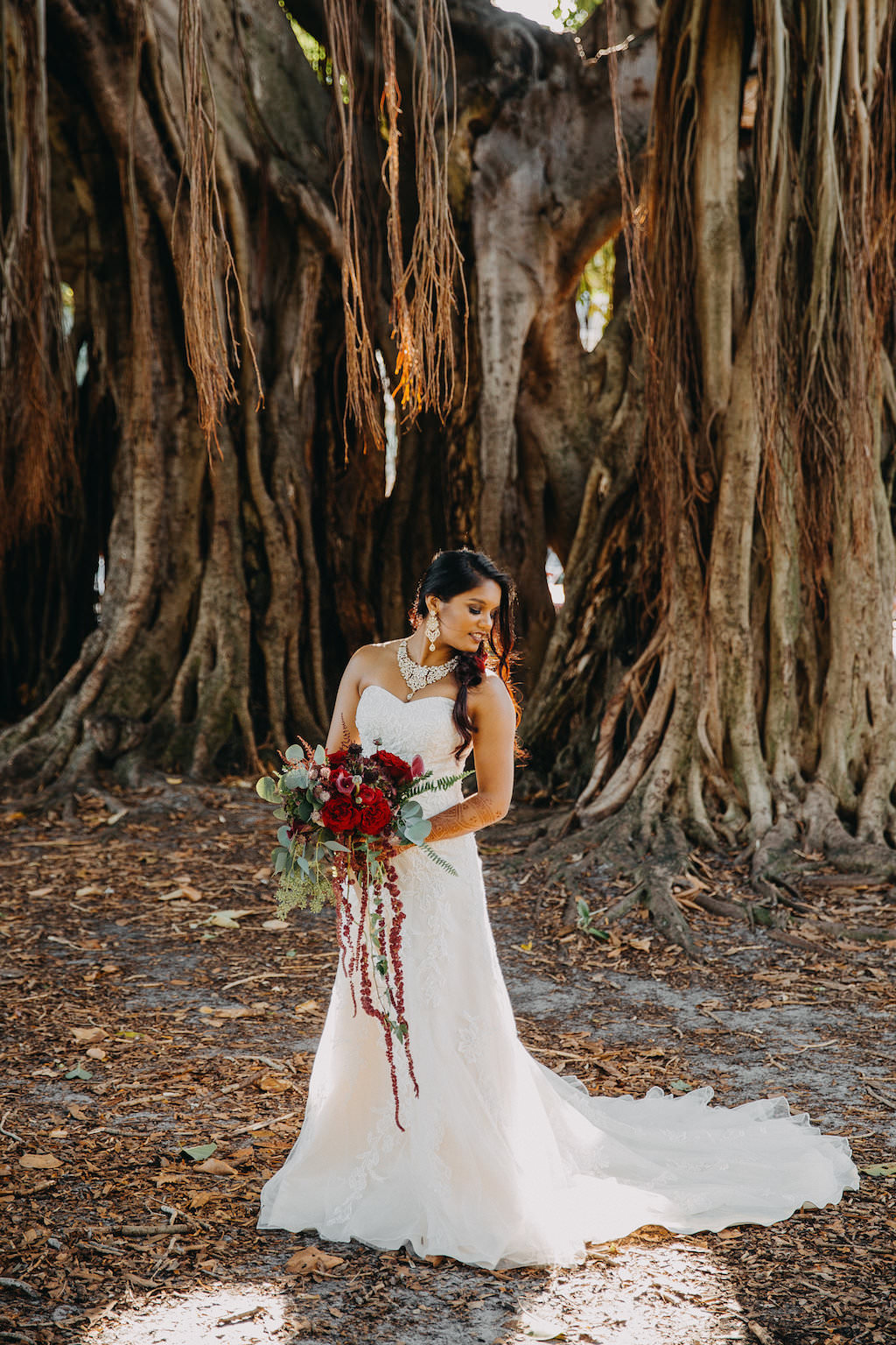 Modern Indian Bride Wedding Portrait Under Banyan Tree with Strapless A Line Davids Bridal Dress, Red Hanging Floral with Greenery Bouquet | St Pete Wedding Photographer Rad Red Creative