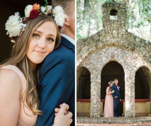 Outdoor Boho Bride and Groom Wedding Portrait with Floral Crown