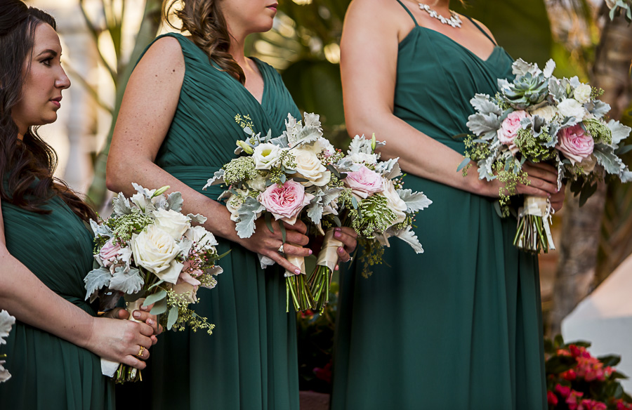 Outdoor Garden Wedding Ceremony Bridesmaid Portrait in MIsmatched Hunter Green Brideside Dresses with White and Pink Rose with Succulent and Greenery Bouquet