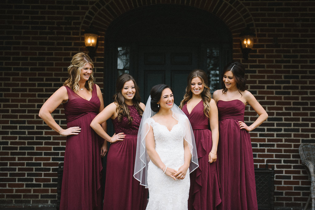 Outdoor Bridal Party Portrait, Bridesmaids in Mismatched Floor Length Burgundy Red David's Bridal Dresses | Tampa Bay Wedding Photographer Kera Photography