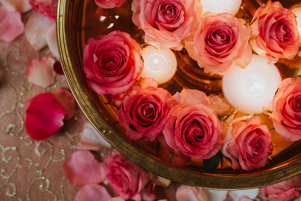 Traditional Hindu Indian Wedding Ceremony and Reception Decor with Pink Floating Roses