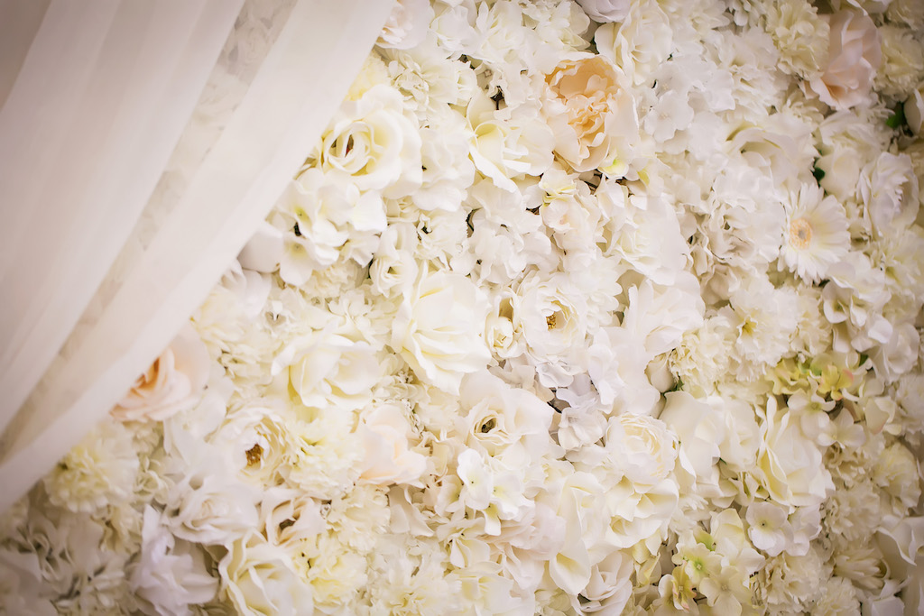 White Floral and Draping Ceremony Backdrop Detail Photo