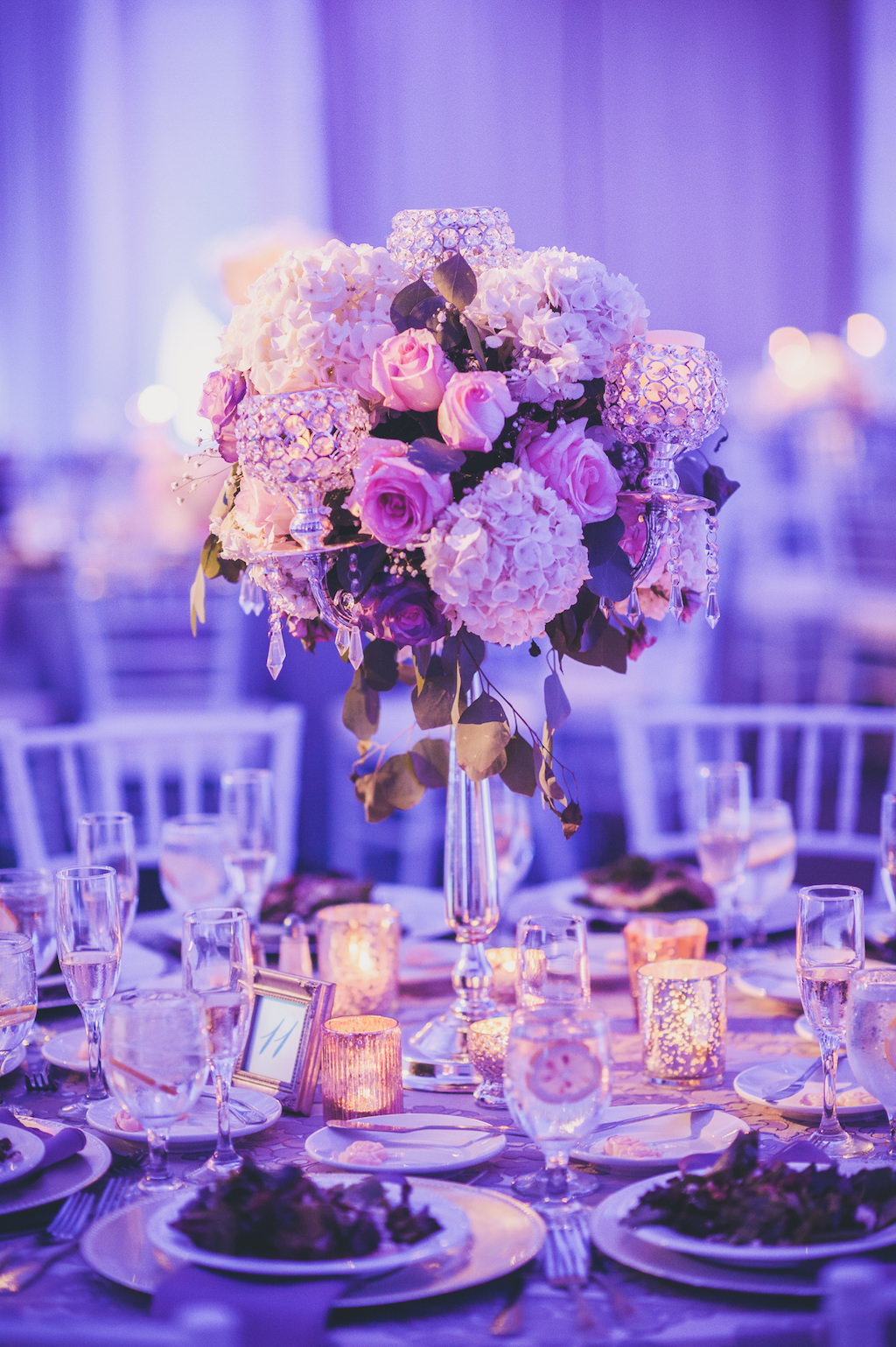 Modern Violet Wedding Reception Pink and White With Glass Beads and Greenery Centerpiece in Tall Glass Vase | Tampa Bay Wedding Planner Special Moments Event Planning