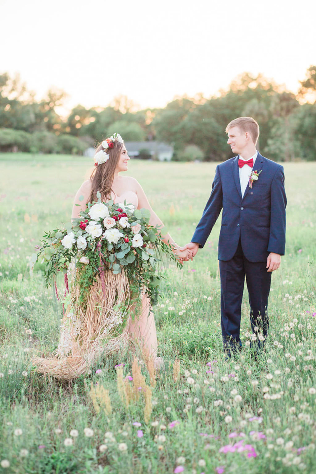 Boho Bride with Flower Crown, Oversized White and Red Bouquet and Blush Pink Wedding Dress | Outdoor Whimsical Garden Wedding Inspiration