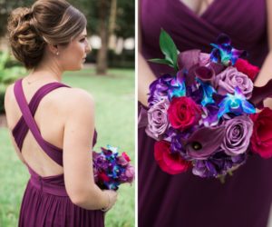 Outdoor Bridesmaid Portrait wearing Cross Back Fuchsia Davids Bridal Dress with Purple Lily, Red Rose, and Blue Orchid Bouquet