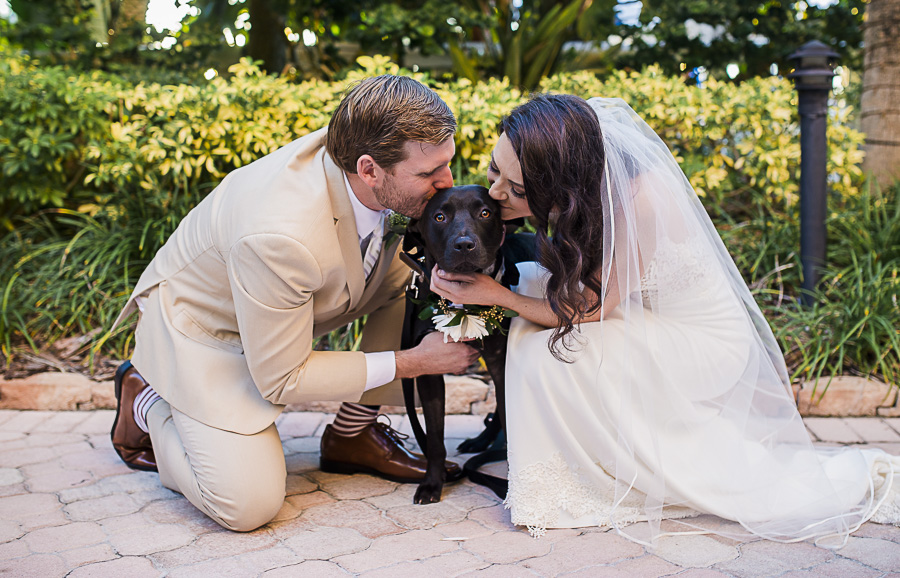 Outdoor Wedding Ceremony Bride and Groom with Dog Portrait, Groom in Tan Suit with Brown Shoes and Striped Socks, dog with White Floral and Greenery Collar