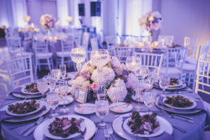 Modern Violet Wedding Reception with Pink and White and Greenery Low Centerpiece | Tampa Bay Wedding Planner Special Moments Event Planning | Caterer Amici's Catered Cuisine