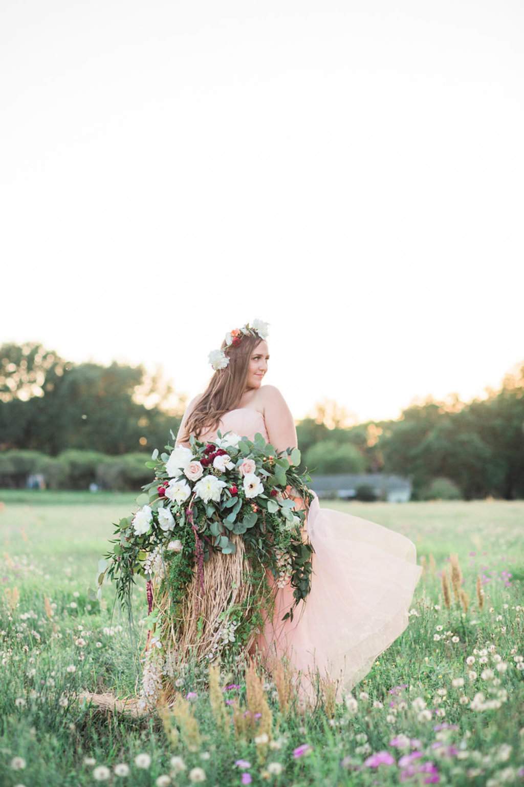 Boho Bride with Flower Crown, Oversized White and Red Bouquet and Blush Pink Wedding Dress | Outdoor Whimsical Garden Wedding Inspiration