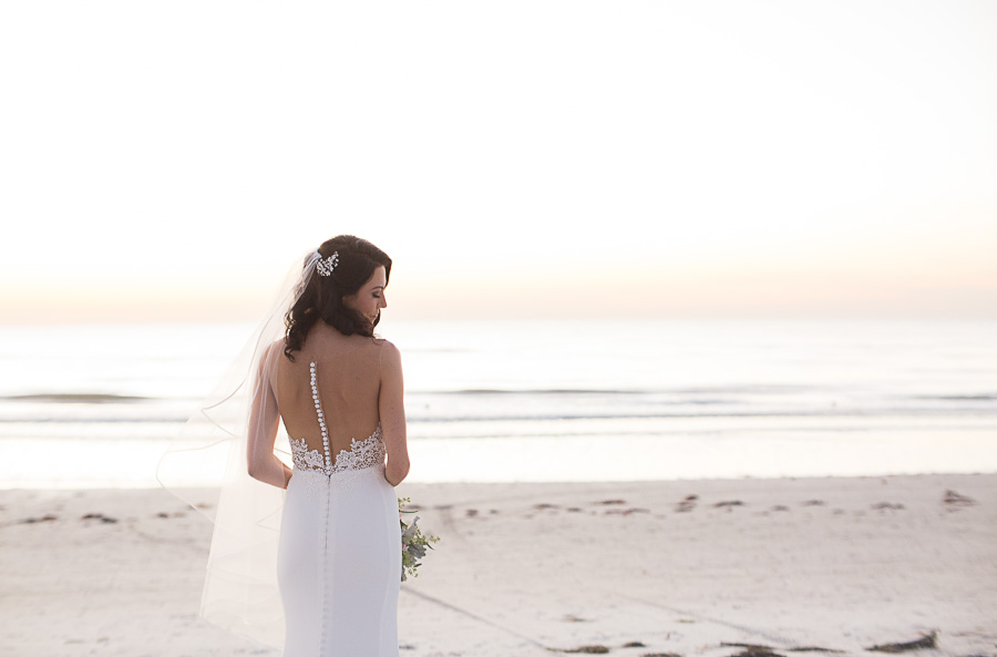 Outdoor St Pete Beach Bridal Portrait in Illusion Open Back Lace Martina Liana Dress