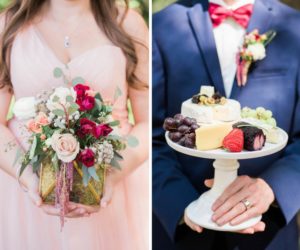 Outdoor Boho Bride and Groom Wedding Portrait Red and Green Centerpiece and Cheese Display