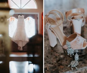 Modern Indian Wedding Bridal Accessories with Blush Pink Open Toed Shoes, and Strapless Mermaid Wedding Dress
