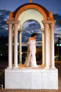 Outdoor Nighttime Greek Bridal Portrait with Columns in Inbal Dror Column Dress