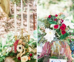 Outdoor Whimsical Boho Garden Wedding Reception Decor with Candelabra Centerpiece and Red and White Flowers