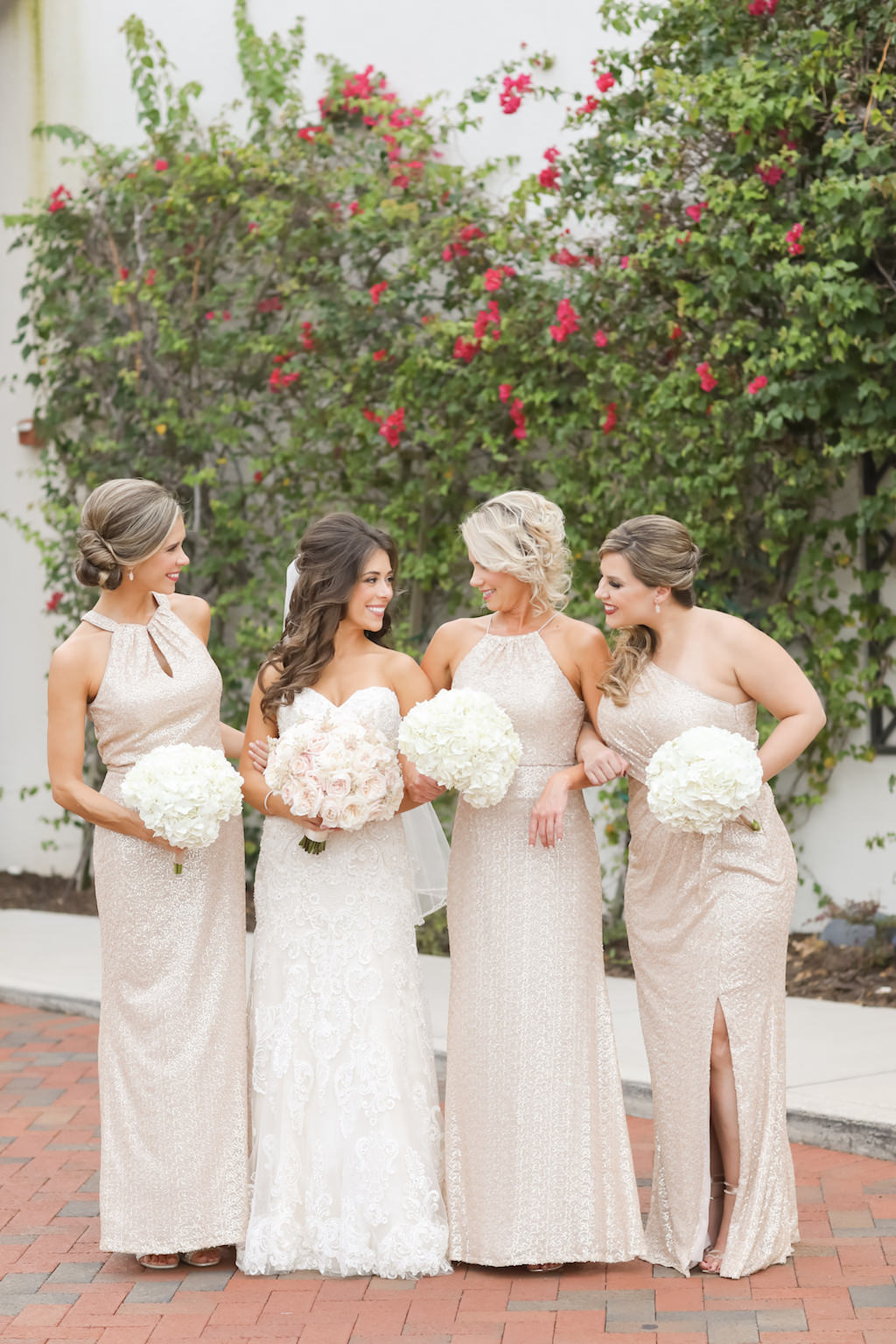 Outdoor Bridal Party Portrait with White Floral Bouquet, Bridesmaids in Champagne Mismatched Bill Levkoff Dresses, Bride in Morilee by Madeline Gardner Strapless A Line Dress | Tampa Bay Hair and Makeup Michele Renee The Studio | Photographer Lifelong Studios Photography