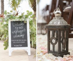 Rustic Nautical Wedding Ceremony Decor with Unplugged Ceremony Welcome Chalkboard Sign and Rustic Hurricane Lantern with Rose Petal Aisle