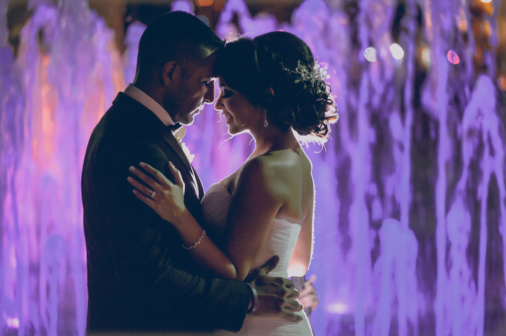 Modern Violet Wedding Reception Bride and Groom First Dance Portrait