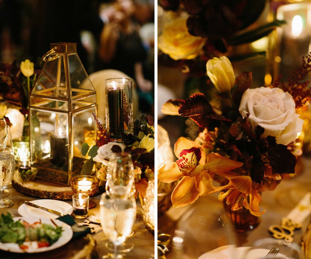 Jewel Toned Natural Woods Inspired Wedding Reception Table Decor with Yellow, Amber, Burgundy and Blush Floral Centerpiece, Brass Vintage Lantern with Candles