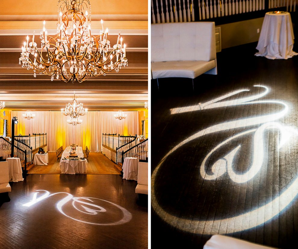 Elegant Hotel Ballroom Wedding Reception with White Couch Lounge Area, and Custom Projection Lighting | St Pete Beach Historic Hotel Wedding Venue The Don CeSar