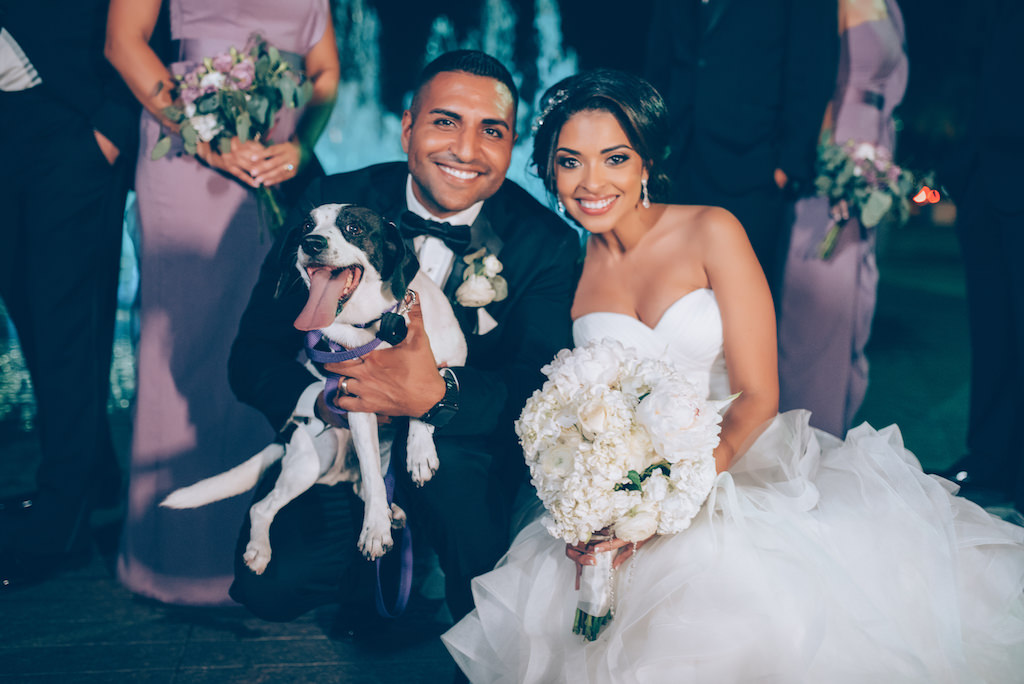 Outdoor Nighttime Wedding Reception Bride and Groom Portrait with Dog of Honor, Bride in Strapless Mermaid Pronovias Dress, Bridesmaids in Dusty Purple Vera Wang Dresses | Tampa Bay Wedding Pet Coordinator Fairy Tail Pet Care