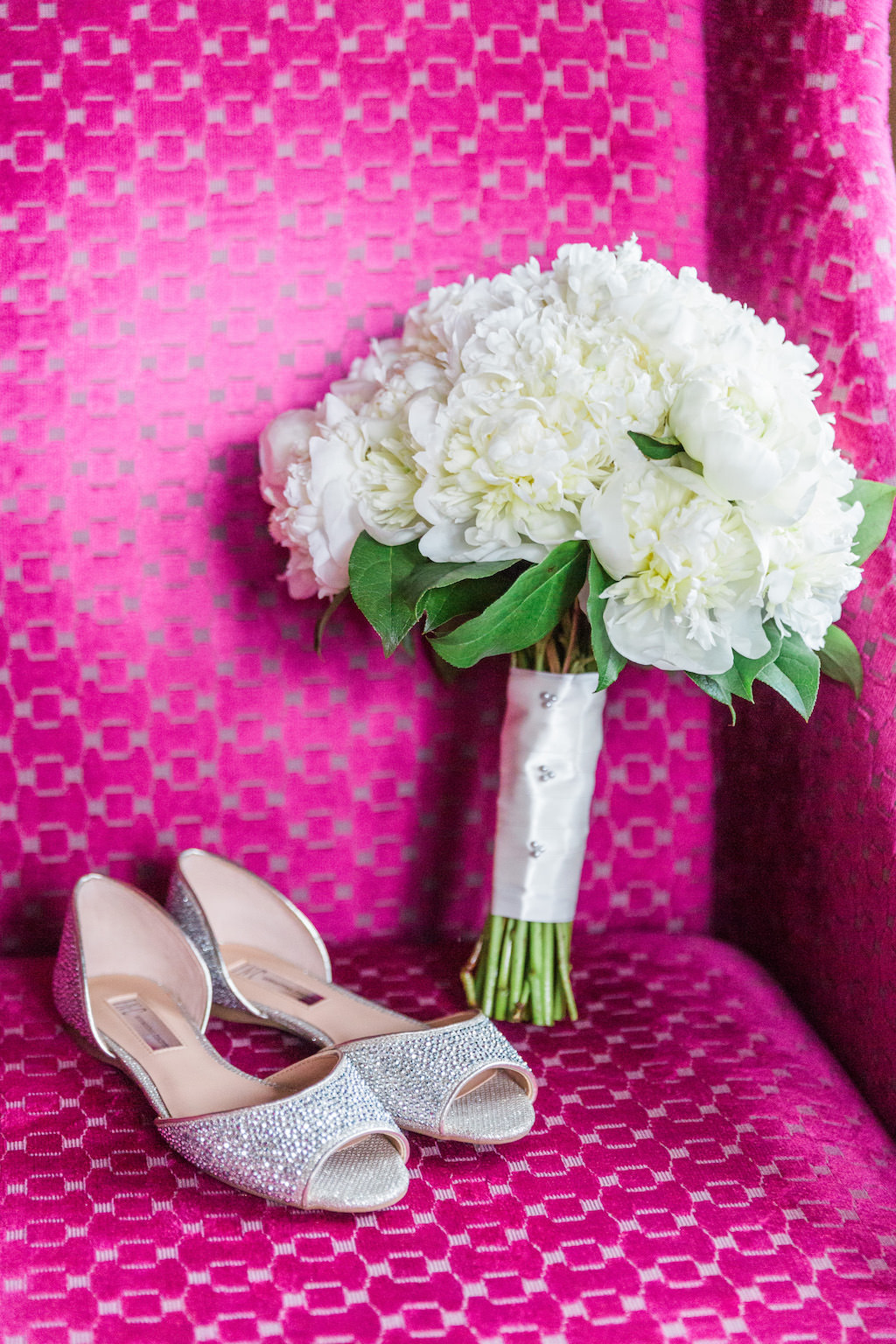 Glittery Jeweled Silver Peep Toe Flat Wedding Shoes with White Peony Bouquet with Greenery and White Ribbon | Tampa Bay Wedding Florist Cotton and Magnolia