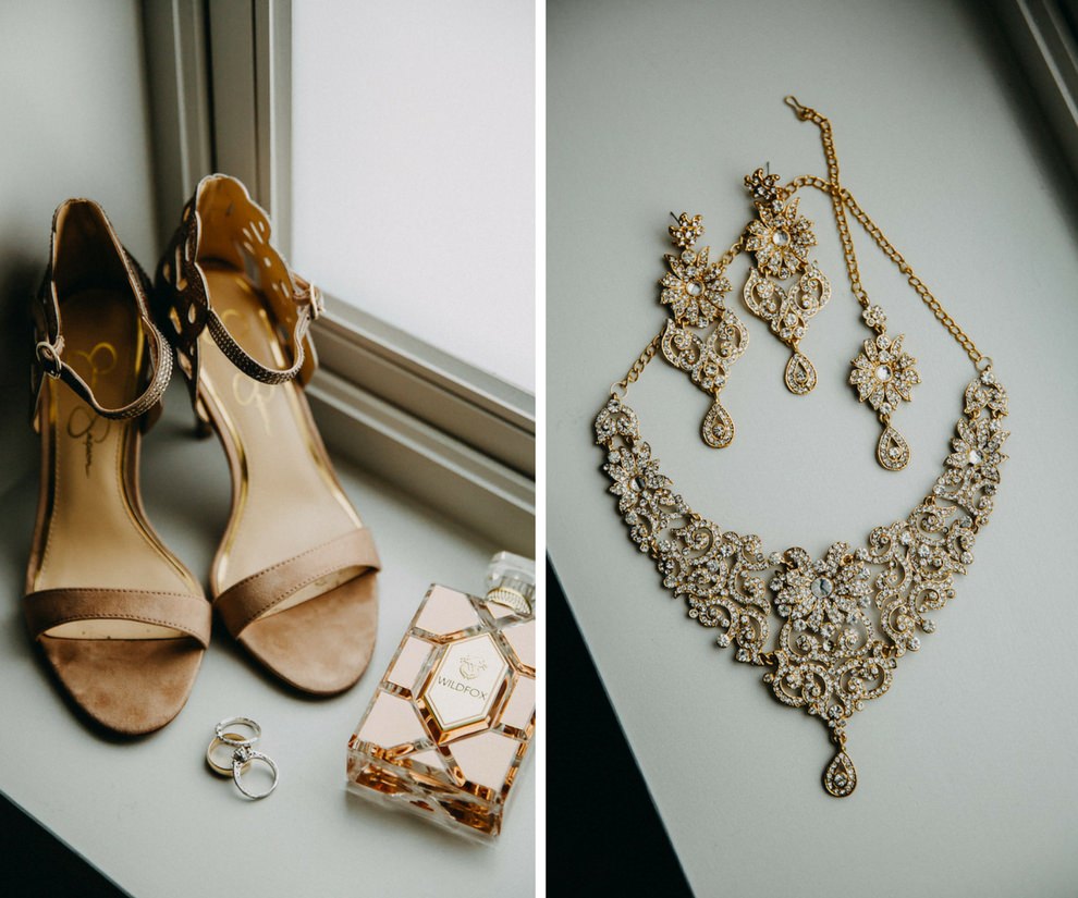 Open Toe Stiletto Sandal Jessica Simpson Wedding Shoes with Gold Bridal Jewelry and Accessories