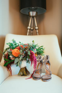 Silver Open Toed Steve Madden Wedding Shoes with Orange, Pink, and Red with Greenery Bridal Bouquet