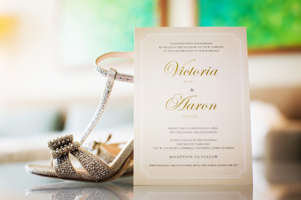 Elegant Gold and White Wedding Invitation with Silver Jeweled Open Toed Strappy Stiletto Wedding Shoes