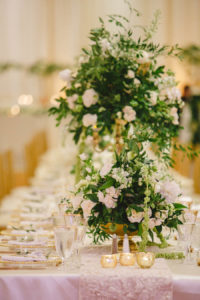 White and Greenery Ballroom Wedding Reception Tall Centerpiece in Gold Candelabra, Small Votive Candles
