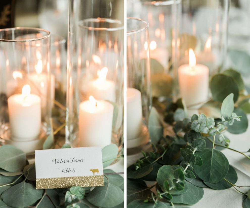 Elegant Ivory and Greenery Wedding Reception Table Decor with Printed Gold Glitter and White Name Card and Votive Candles | Florist Cotton and Magnolia