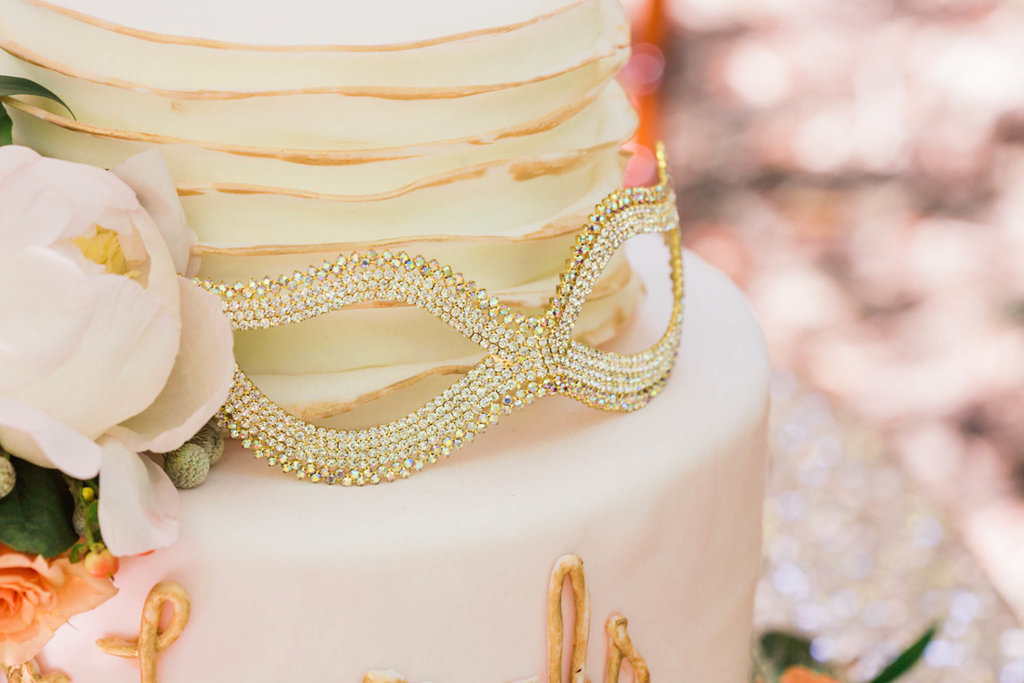 Whimsical Two Tier Round Blush Pink Wedding Cake with Rhinestone Diamond Venetian Mask