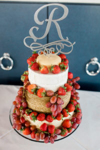 Four Tier Round Cheese Savory Wedding "Cake" with Strawberries and Grapes on Glass Cakestand with Stylish Silver Initial Caketopper | Tampa Bay Nautical Waterfront Wedding Venue The Yacht Starship