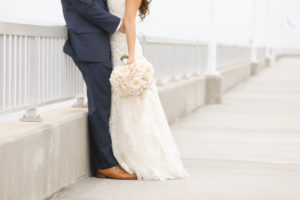 Outdoor Waterfront Wedding Portrait, Groom in Navy Blue Suit with Brown Shoes, Bride with BLush Pink Rose Bouquet | Tampa Bay Wedding Venue The Westshore Yacht Club | Photographer LIfelong Studios Photography