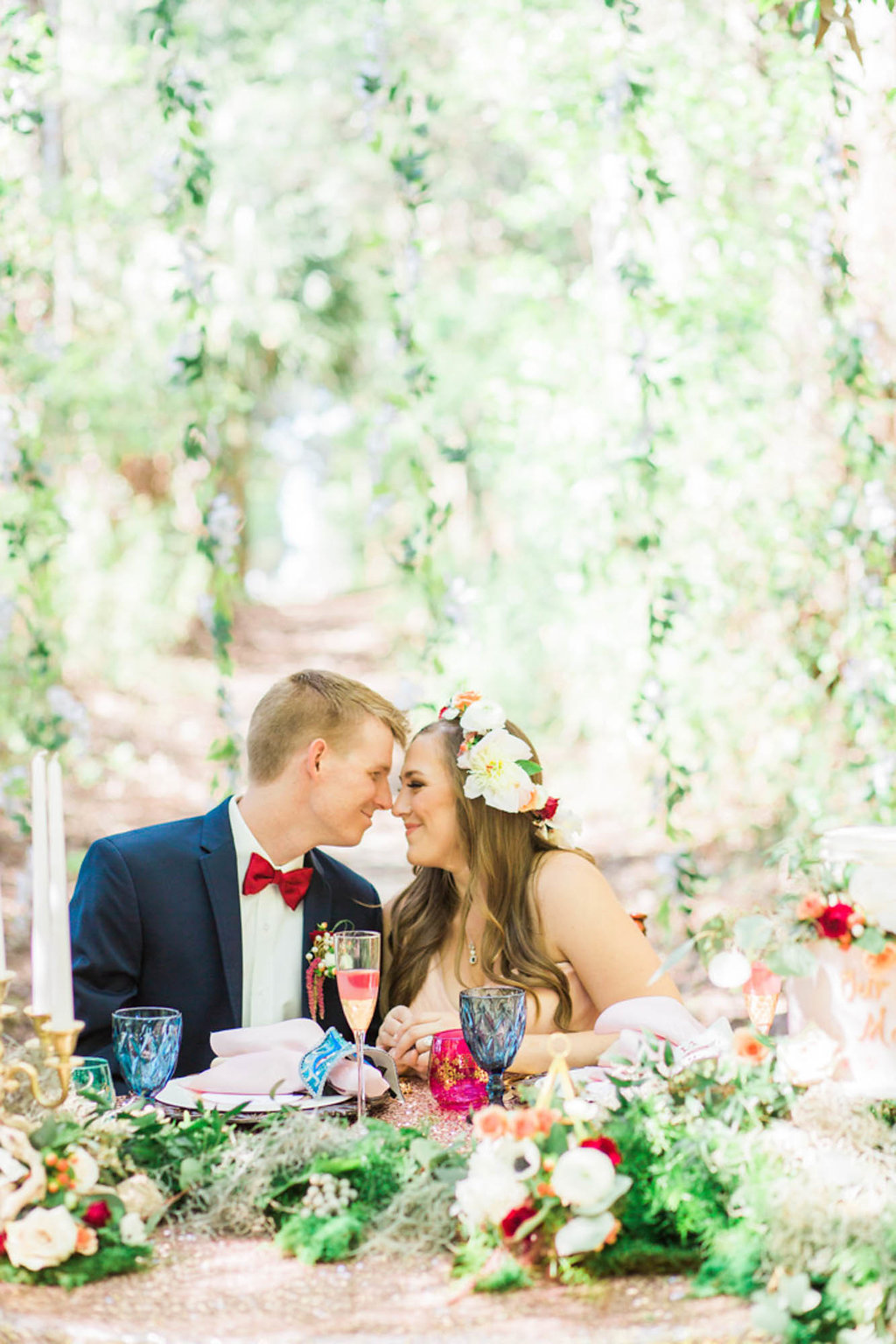 Boho Bride with Flower Crown, Oversized White and Red Bouquet and Blush Pink Wedding Dress | Outdoor Whimsical Garden Wedding Inspiration