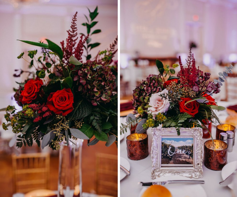 Red Rose, Blush, and Maroon Wedding Reception Tall and Low Centerpiece with Silver Framed Table Number