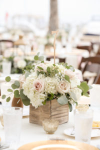 Outdoor Rustic Nautical Wedding Reception Table Decor with Low Ivory and Blush Rose and Floral with Greenery Centerpiece in Wooden Box