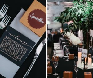 Modern Industrial Black and White Indian Wedding Reception Table Decor with Tall Greenery Centerpiece and Cupcakes in Boxes Wedding Favors, Printed White on Black Welcome Note | Tampa Wedding Planner Glitz Events