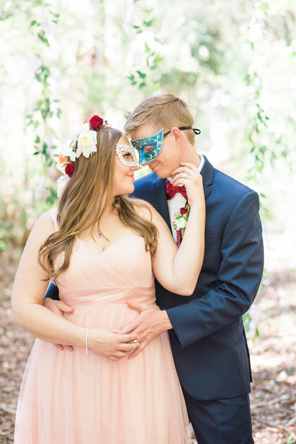 Boho Bride with Flower Crown, Oversized White and Red Bouquet and Blush Pink Wedding Dress and Venetian Mask | Outdoor Whimsical Garden Wedding Inspiration