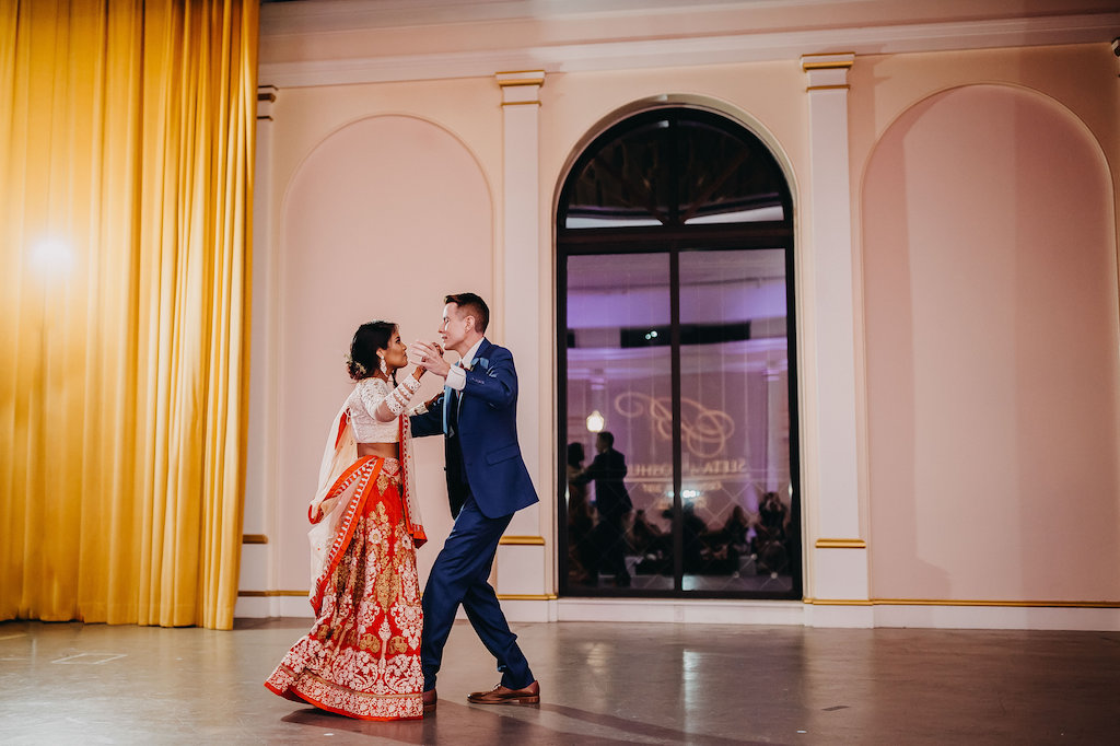 Modern Indian Wedding Bride and Groom First Dance Portrait, Bride in Red and Gold with White Saree, Groom in Blue Suit | St Pete Wedding Photographer Rad Red Creative | Menswear Sacino's Formalwear