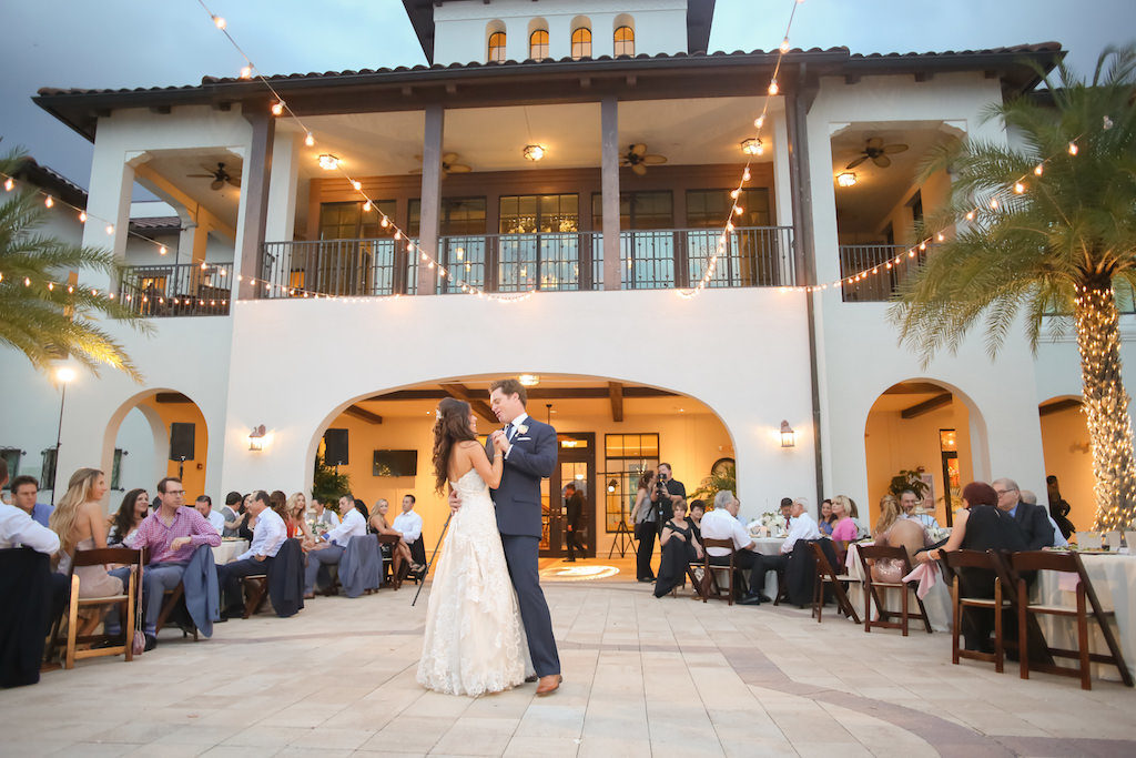 Rustic Nautical Outdoor Wedding Reception First Dance Portrait with String Lights | Tampa Bay Waterfront Wedding Venue The Westshore Yacht Club | Photographer Lifelong Studios Photography