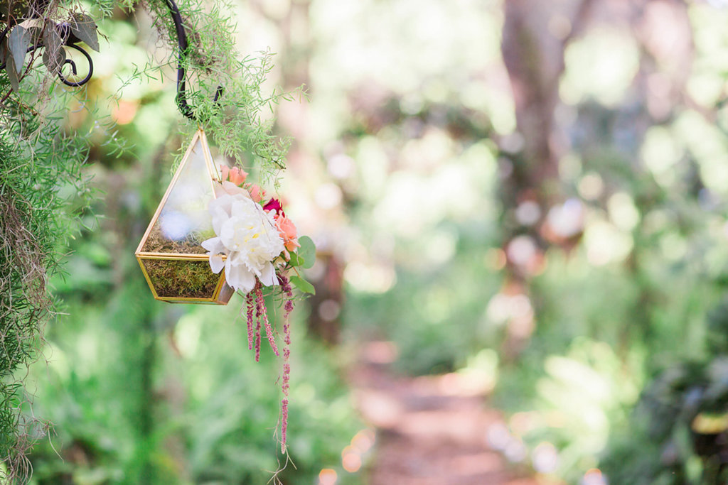 Outdoor Whimsical Garden Wedding Inspiration With Geometric Vase with Moss