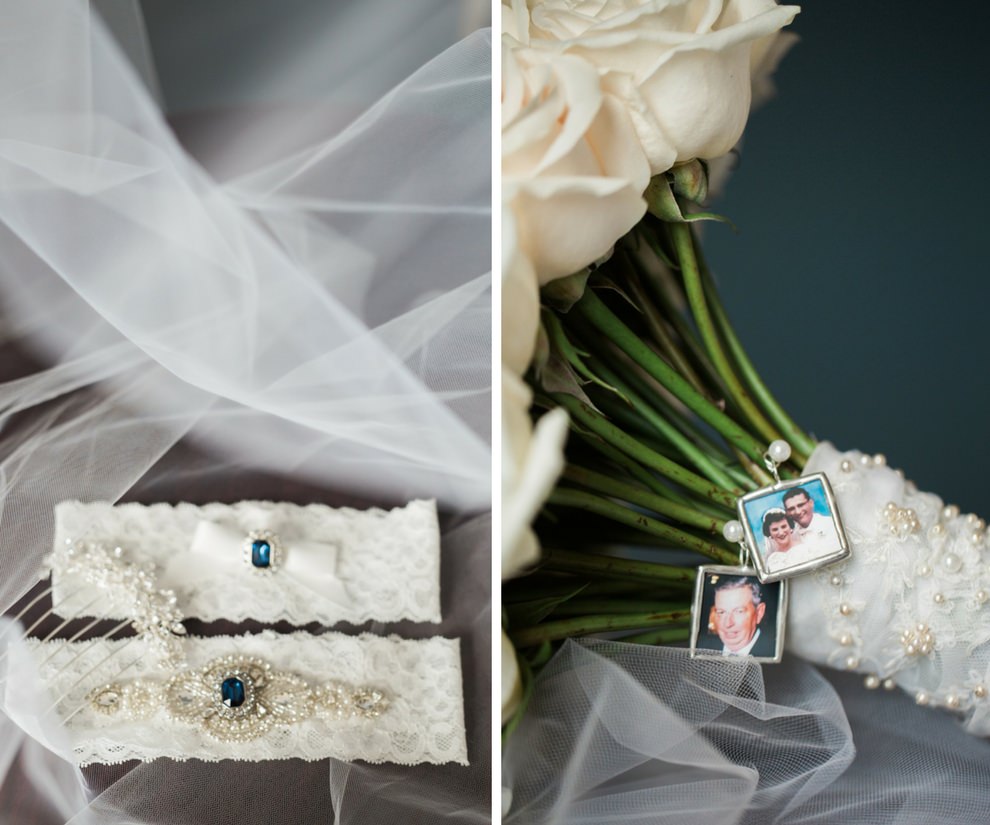 Bridal Accessories Including Blue Gemstone Jewelry, White Rose Bouquet Wrapped in Pearl Sewn Lace with Photo Memory Charms