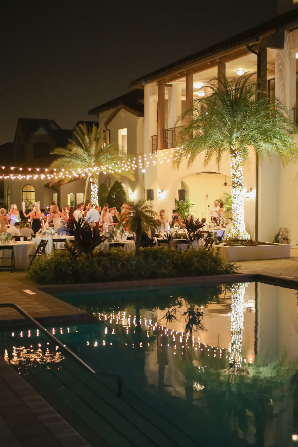 Outdoor Poolside Wedding Reception with String Lights | Tampa Bay Waterfront Wedding Venue The Westshore Yacht Club