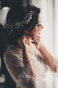 Bride Getting Ready Indoor Portrait with Floral Beaded Hair Accessory