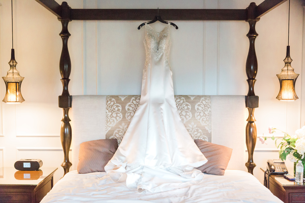 Silver Jeweled Illusion Neckline Trumpet Allure Bridal wedding Dress on Hanger