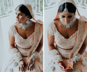 Traditional Hindu Indian Wedding Bride Getting Ready Portrait in peach and Silver Saree and Jewelry | Tampa Wedding Photographer Grind and Press Photography