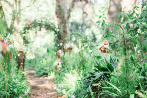 Outdoor Whimsical Garden Wedding Ceremony Inspiration With Geometric Vase with Moss on Shepherd Hooks